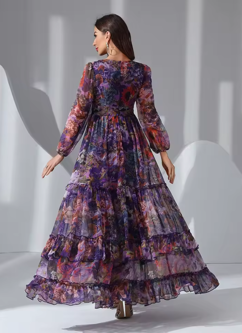 Vintage Floral Print Long Sleeve Ruffle V-Neck Casual Elegant Party Maxi Dresses
