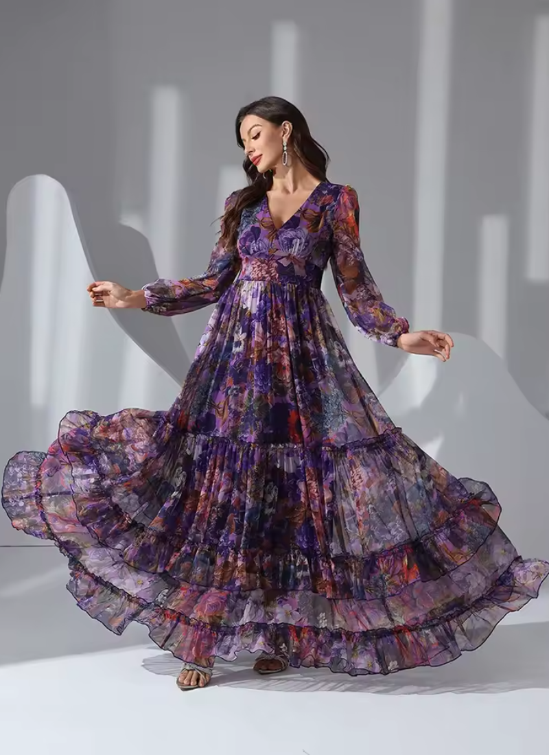 Vintage Floral Print Long Sleeve Ruffle V-Neck Casual Elegant Party Maxi Dresses