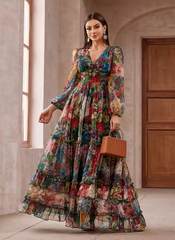 Vintage Floral Print Long Sleeve Ruffle V-Neck Casual Elegant Party Maxi Dresses