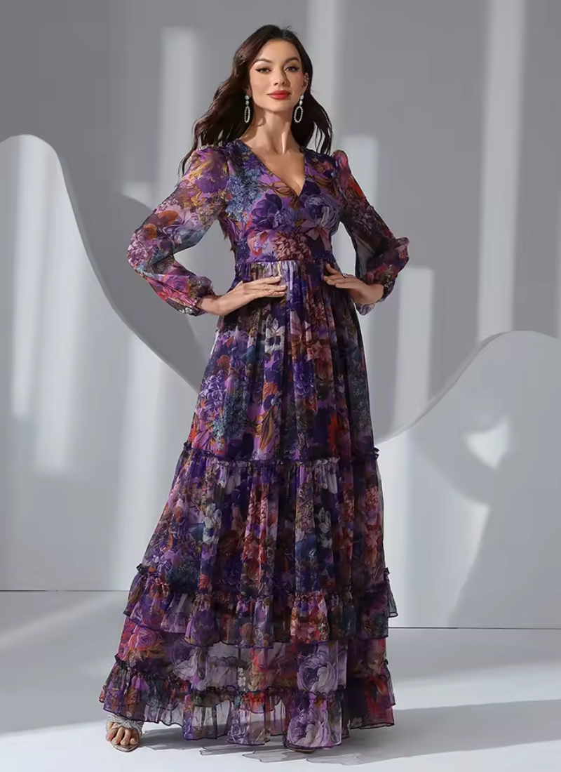 Vintage Floral Print Long Sleeve Ruffle V-Neck Casual Elegant Party Maxi Dresses