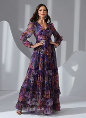 Vintage Floral Print Long Sleeve Ruffle V-Neck Casual Elegant Party Maxi Dresses