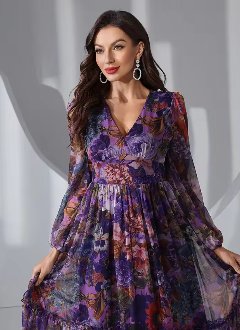 Vintage Floral Print Long Sleeve Ruffle V-Neck Casual Elegant Party Maxi Dresses