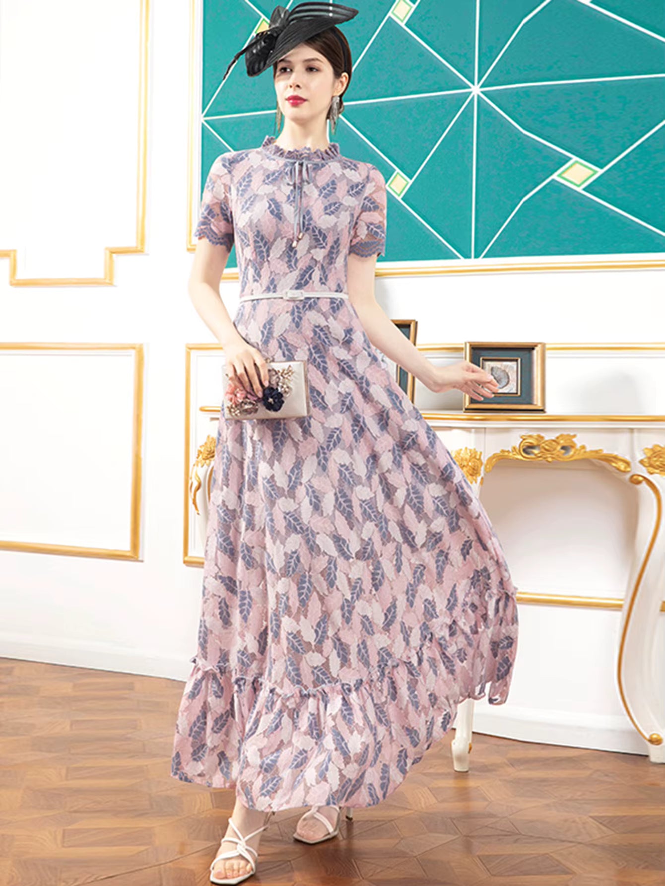 Vintage Floral Print Short Sleeve Lace Hollow Out Slim Maxi Dress