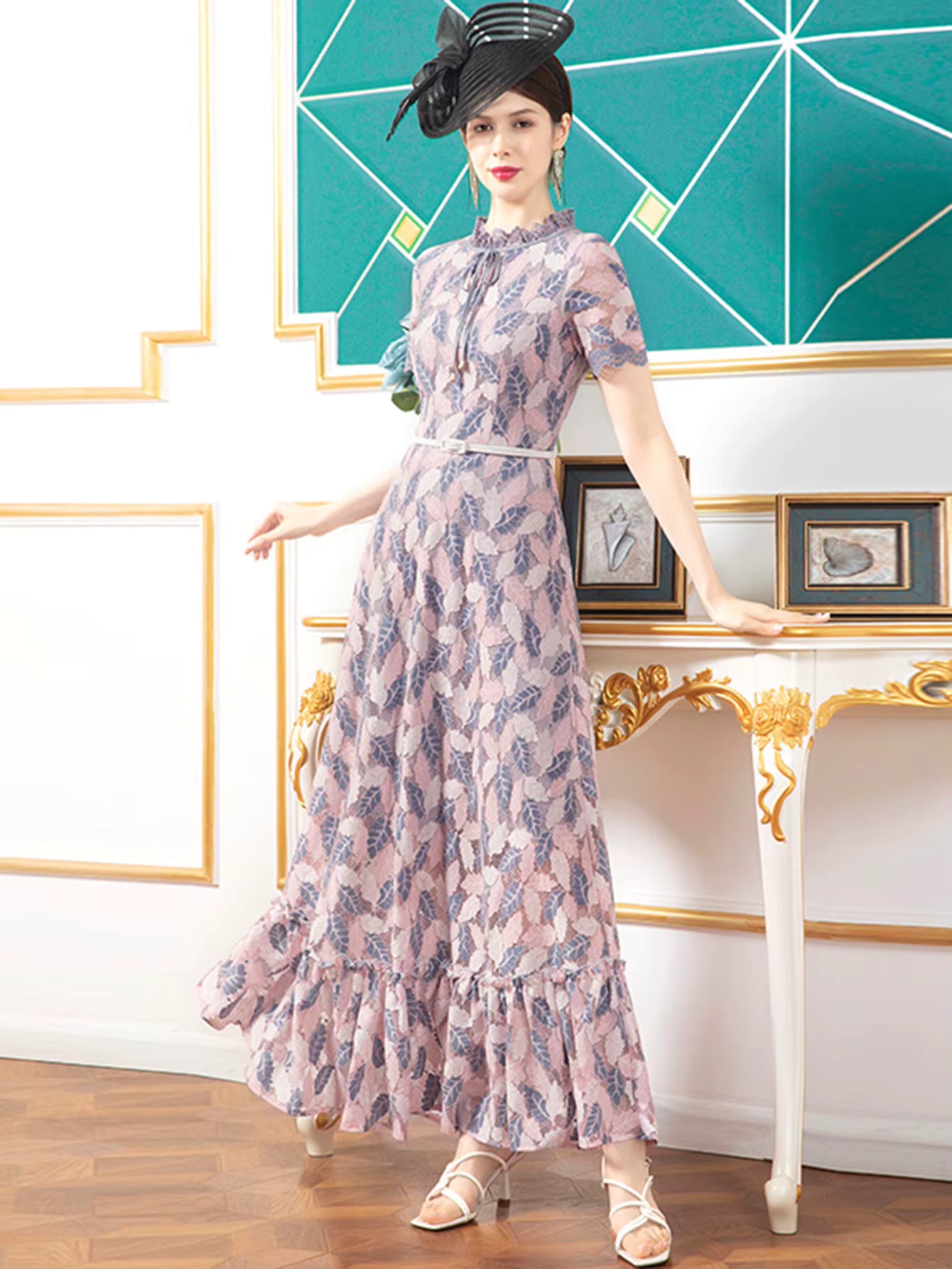 Vintage Floral Print Short Sleeve Lace Hollow Out Slim Maxi Dress