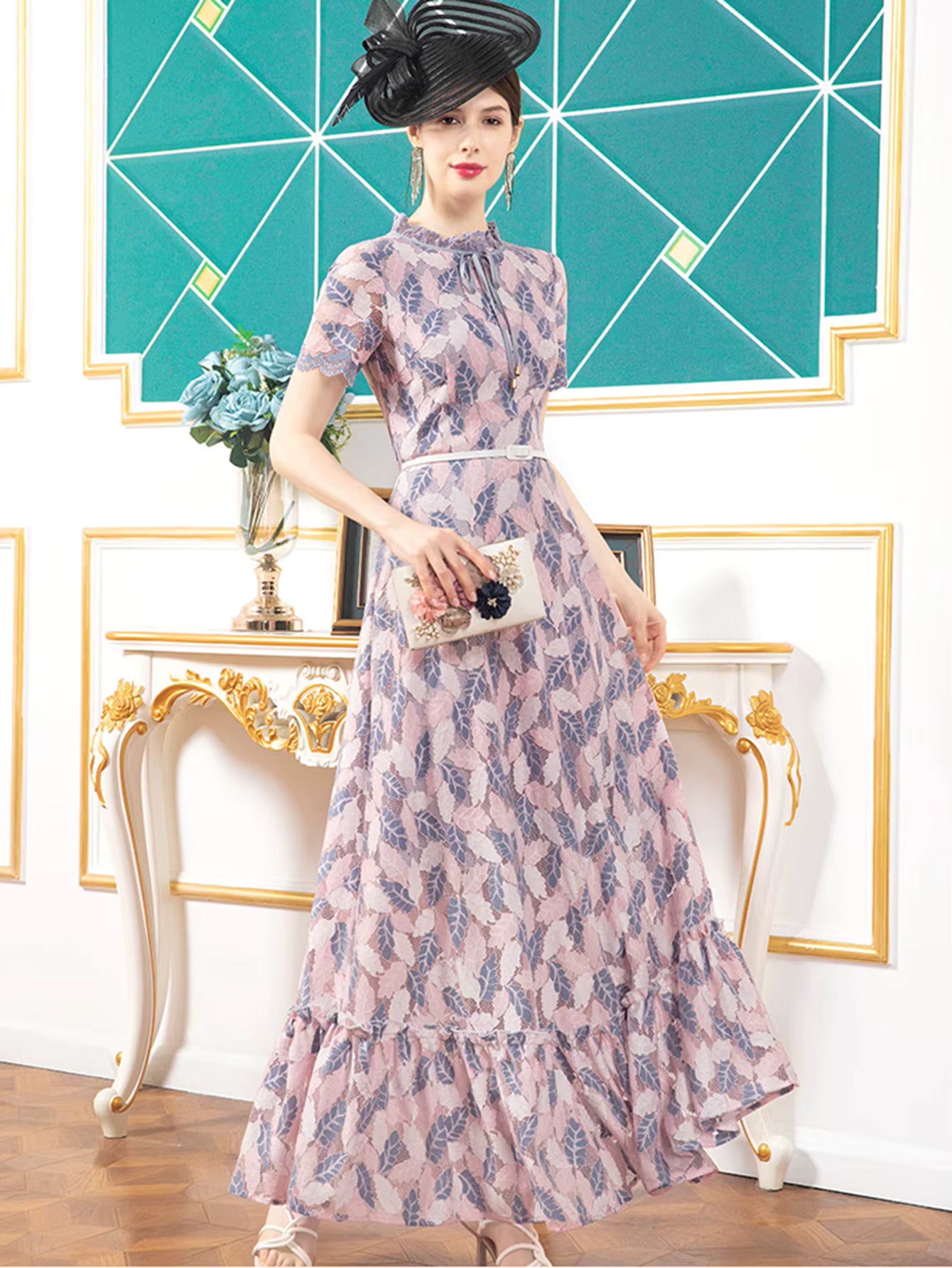Vintage Floral Print Short Sleeve Lace Hollow Out Slim Maxi Dress
