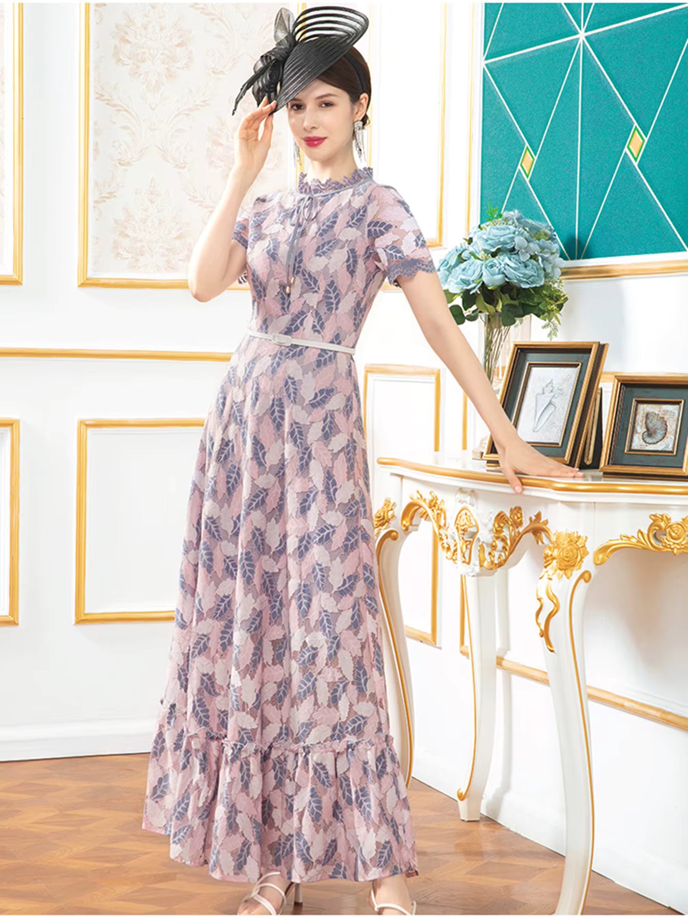 Vintage Floral Print Short Sleeve Lace Hollow Out Slim Maxi Dress