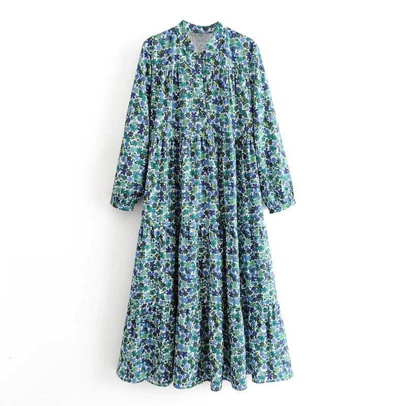 Vintage Floral Print Stand Collar Long Maxi Dress