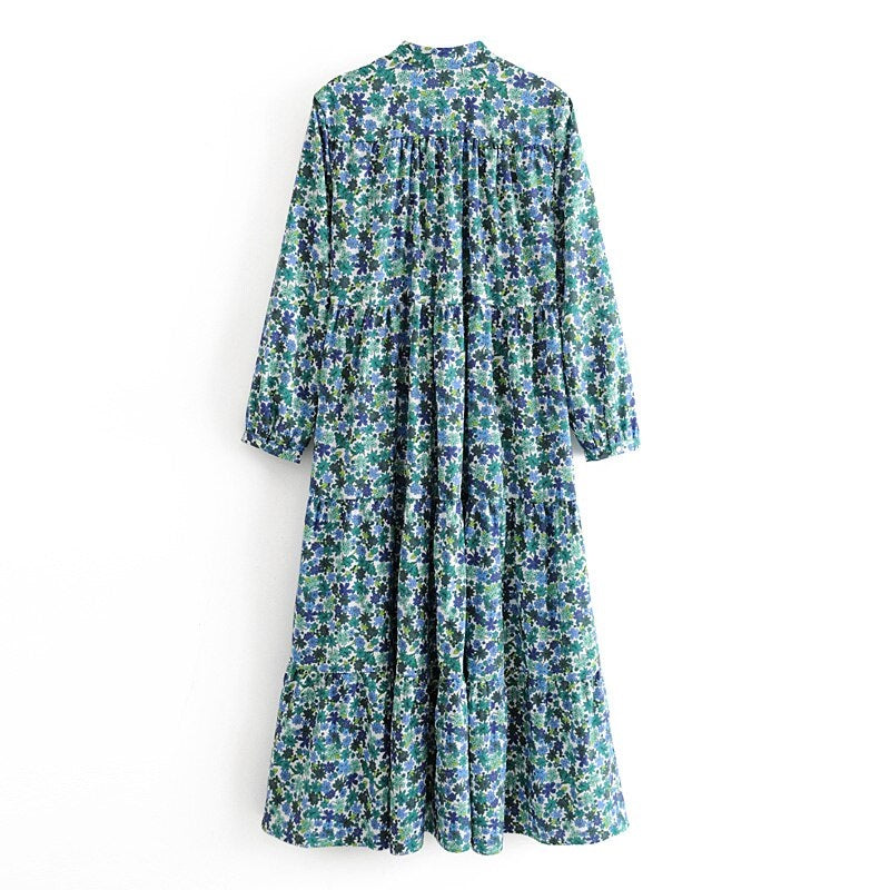 Vintage Floral Print Stand Collar Long Maxi Dress