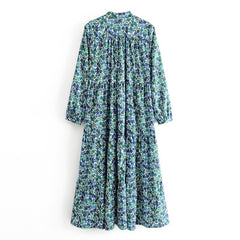 Vintage Floral Print Stand Collar Long Maxi Dress