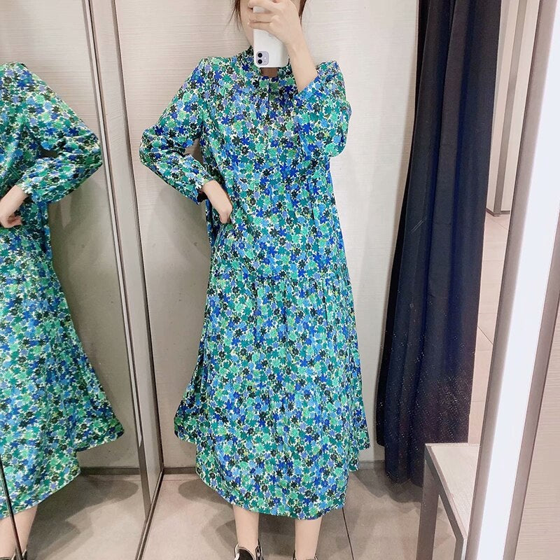 Vintage Floral Print Stand Collar Long Maxi Dress