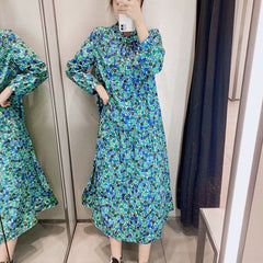 Vintage Floral Print Stand Collar Long Maxi Dress