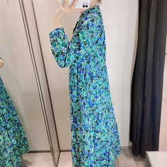Vintage Floral Print Stand Collar Long Maxi Dress