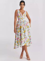 Vintage Floral Printed Deep V-Neck Sleeveless Midi Dress