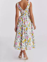 Vintage Floral Printed Deep V-Neck Sleeveless Midi Dress