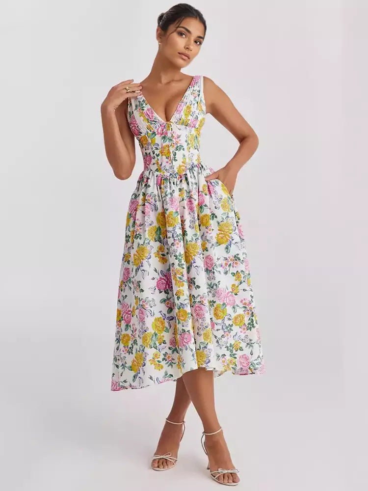 Vintage Floral Printed Deep V-Neck Sleeveless Midi Dress