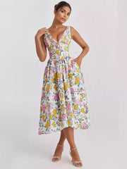 Vintage Floral Printed Deep V-Neck Sleeveless Midi Dress