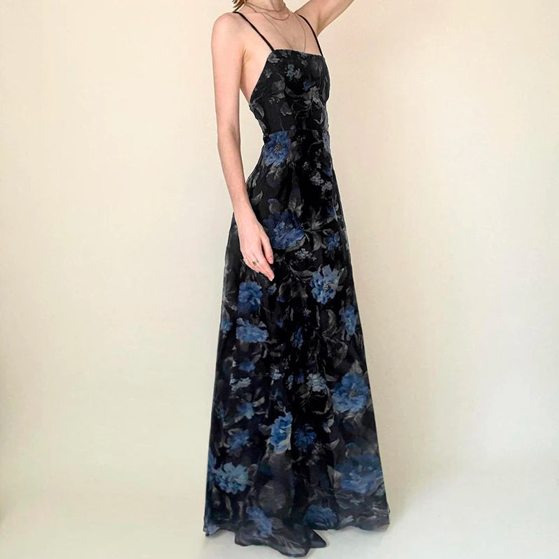 Vintage Floral Printed Split Elegant Backless Bandage Beach Long Dress Boho Vacation Dress