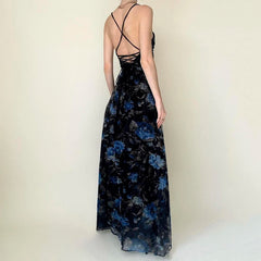 Vintage Floral Printed Split Elegant Backless Bandage Beach Long Dress Boho Vacation Dress