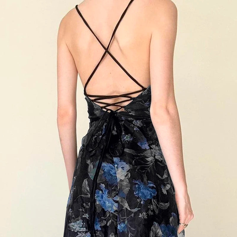 Vintage Floral Printed Split Elegant Backless Bandage Beach Long Dress Boho Vacation Dress