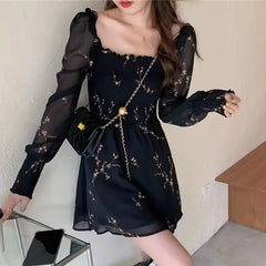 Vintage Flower Long Puff Sleeve Chiffon Mini Dress