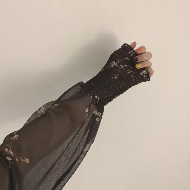 Vintage Flower Long Puff Sleeve Chiffon Mini Dress