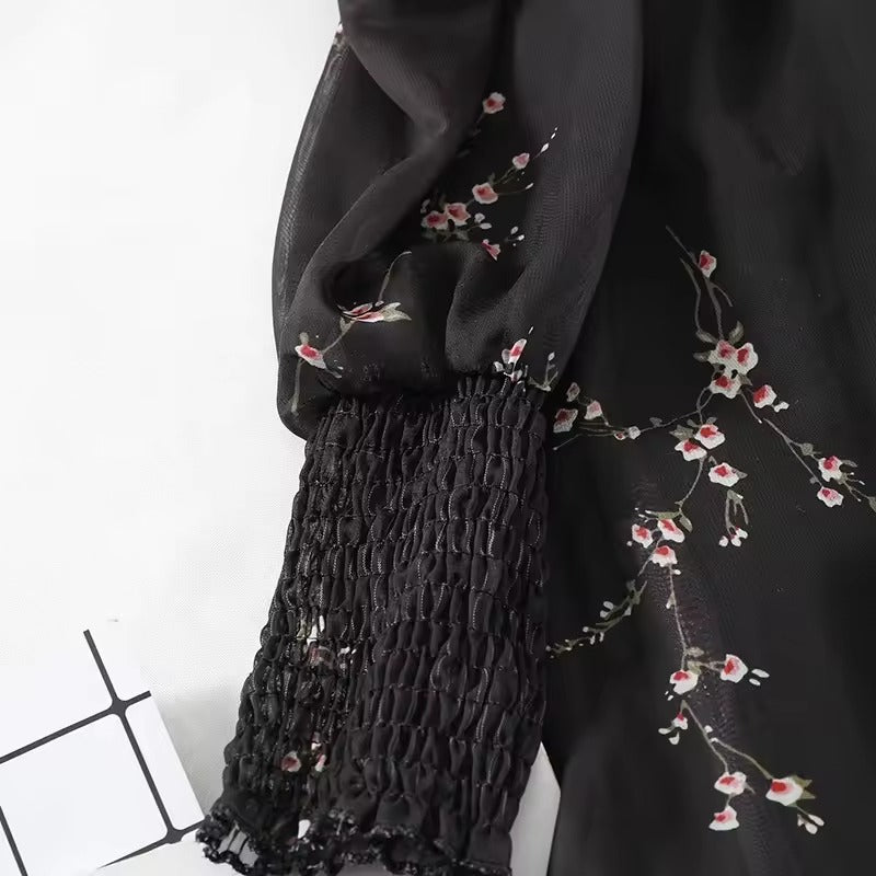 Vintage Flower Long Puff Sleeve Chiffon Mini Dress