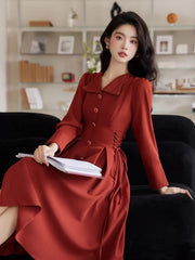 Vintage French Style Bandage Turn Down Collar Midi Dress