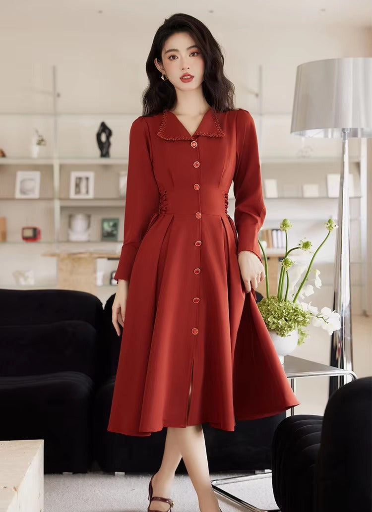 Vintage French Style Bandage Turn Down Collar Midi Dress