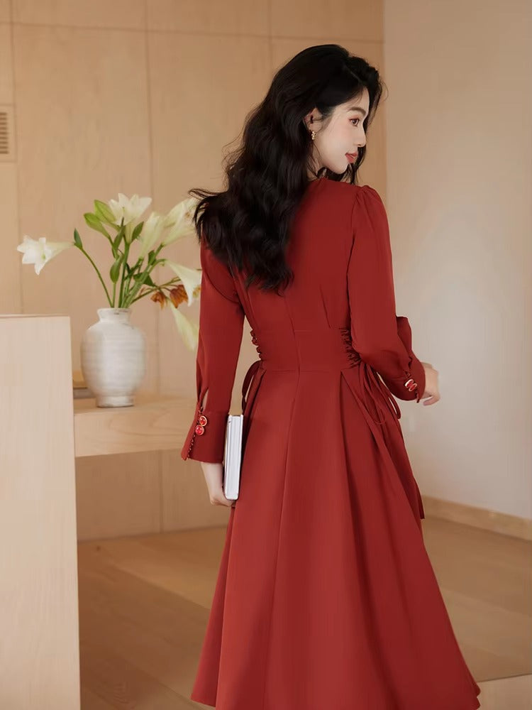 Vintage French Style Bandage Turn Down Collar Midi Dress