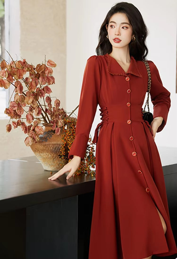 Vintage French Style Bandage Turn Down Collar Midi Dress