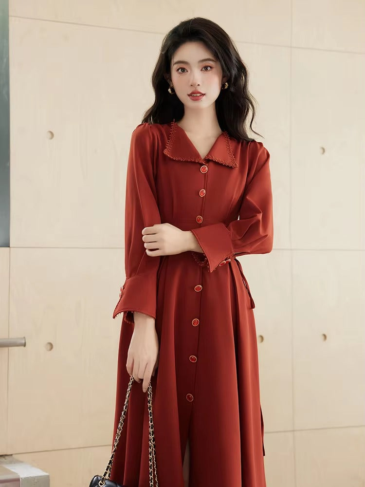 Vintage French Style Bandage Turn Down Collar Midi Dress