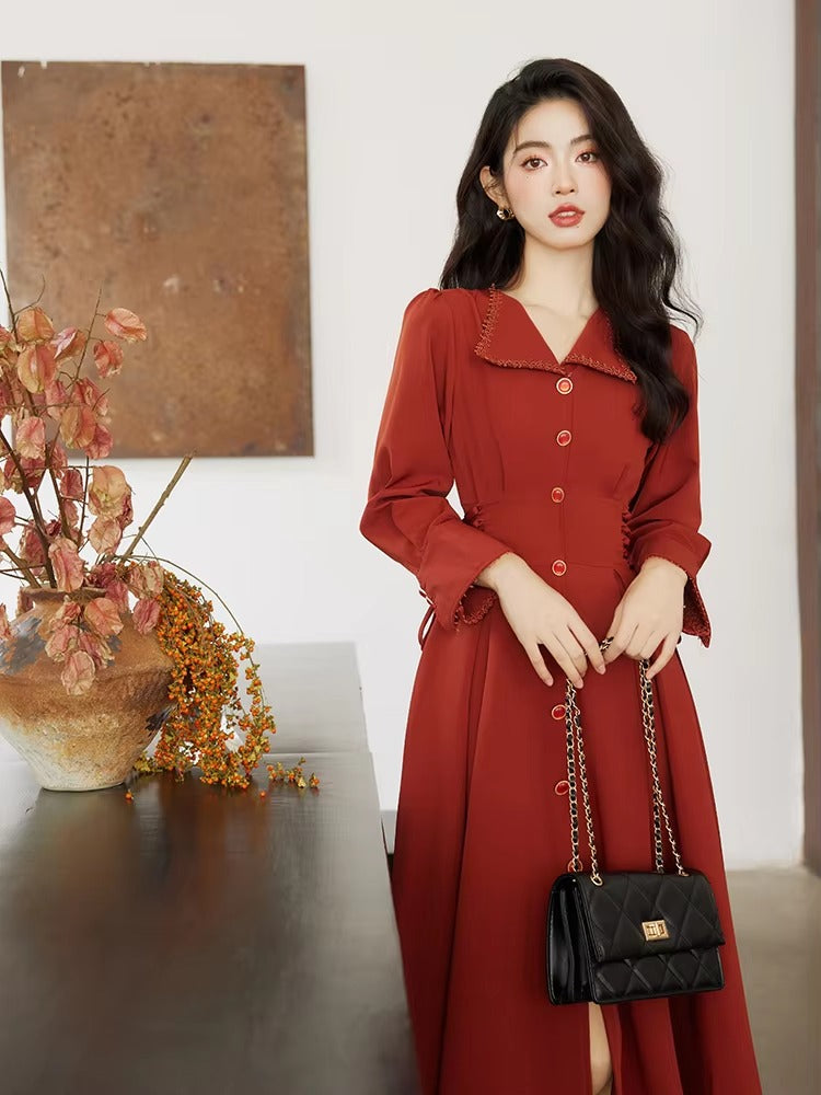 Vintage French Style Bandage Turn Down Collar Midi Dress