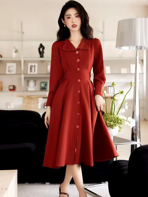 Vintage French Style Bandage Turn Down Collar Midi Dress