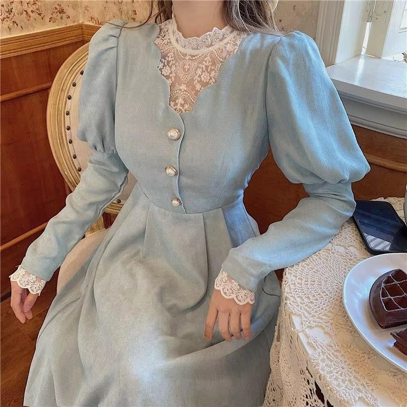 Vintage French Style Puff Sleeve Half High Collar Patchwork Princess Dress