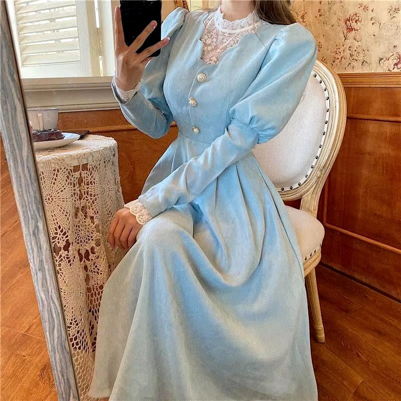 Vintage French Style Puff Sleeve Half High Collar Patchwork Princess Dress