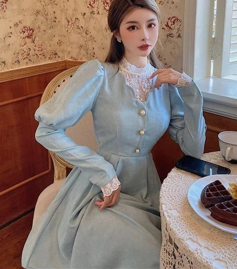 Vintage French Style Puff Sleeve Half High Collar Patchwork Princess Dress