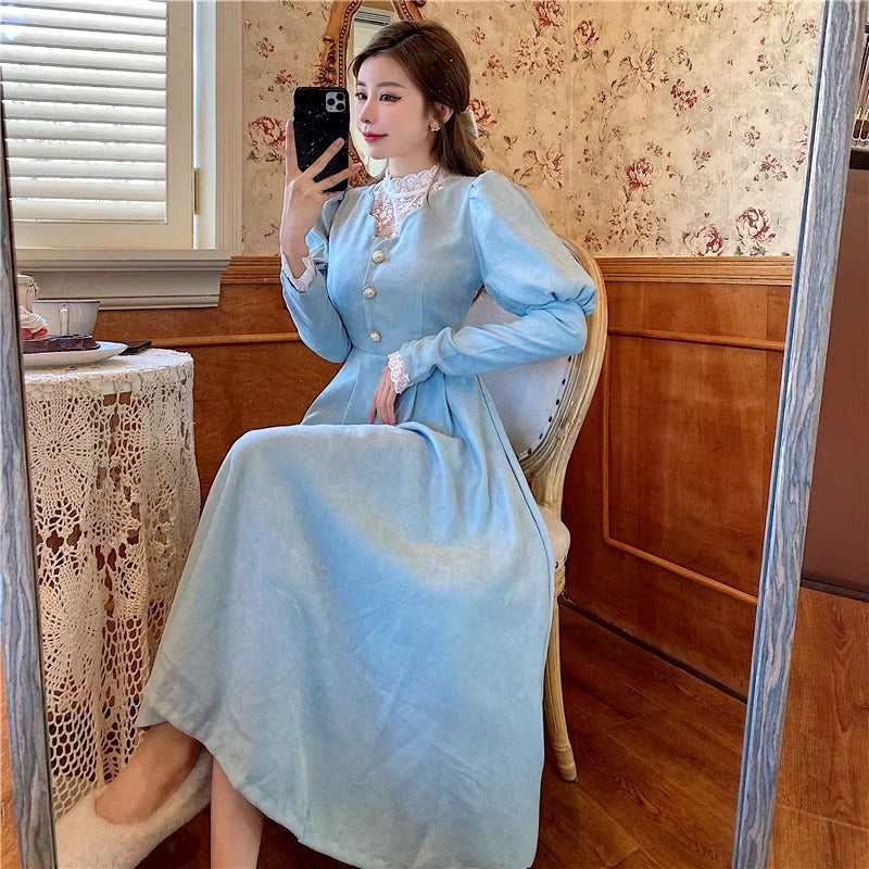Vintage French Style Puff Sleeve Half High Collar Patchwork Princess Dress