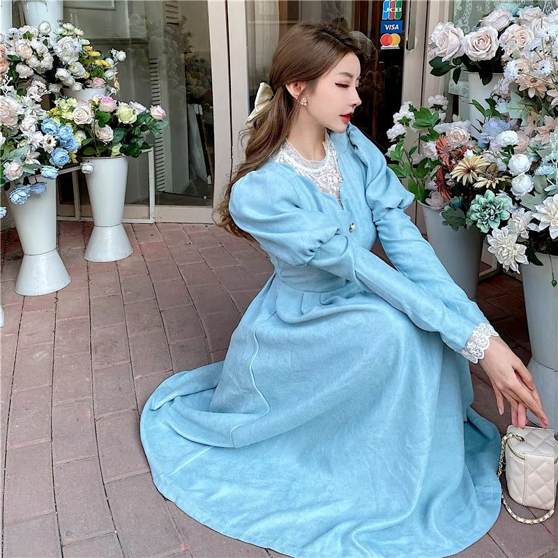 Vintage French Style Puff Sleeve Half High Collar Patchwork Princess Dress