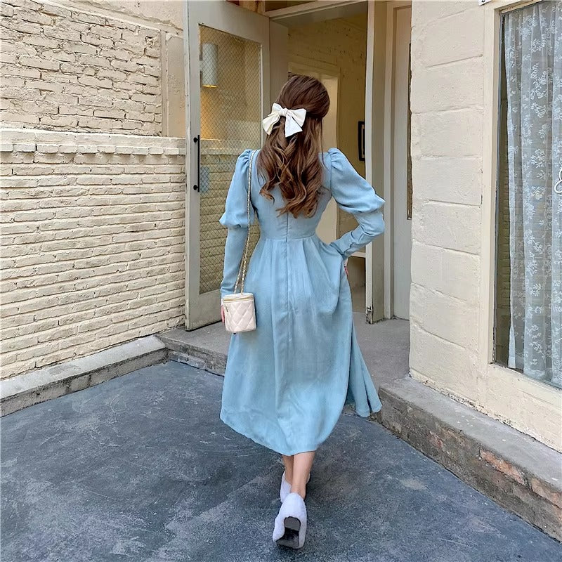 Vintage French Style Puff Sleeve Half High Collar Patchwork Princess Dress
