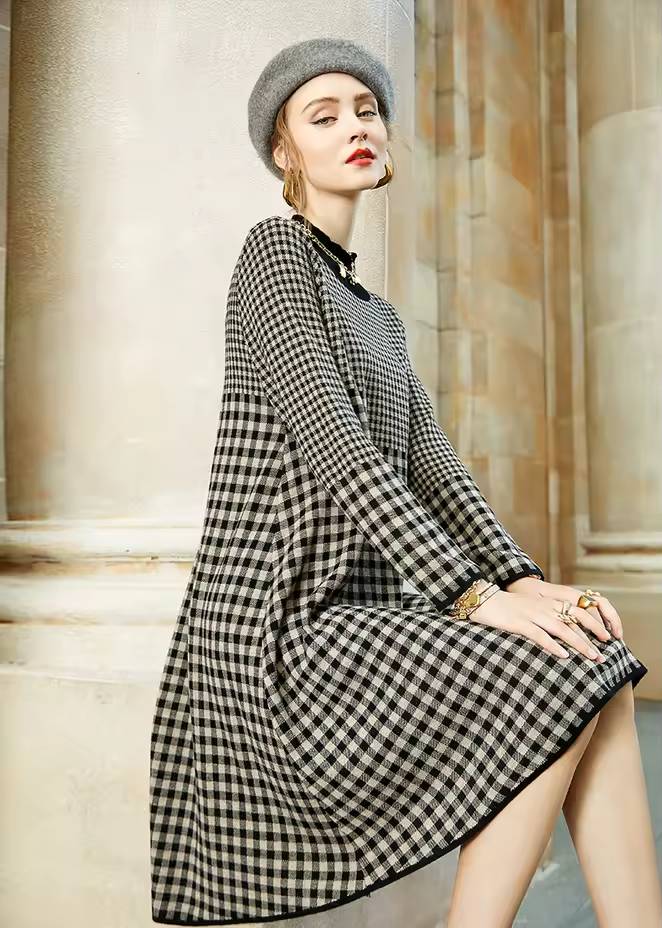 Vintage Geometric Thick Warm Mid-Calf Sweaters Dress