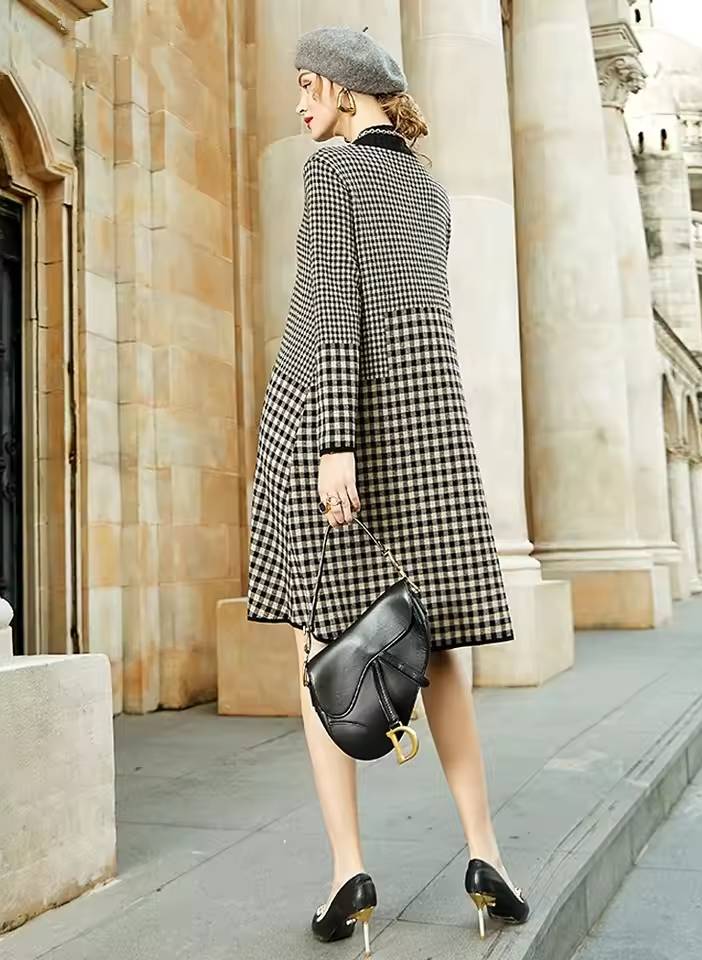 Vintage Geometric Thick Warm Mid-Calf Sweaters Dress