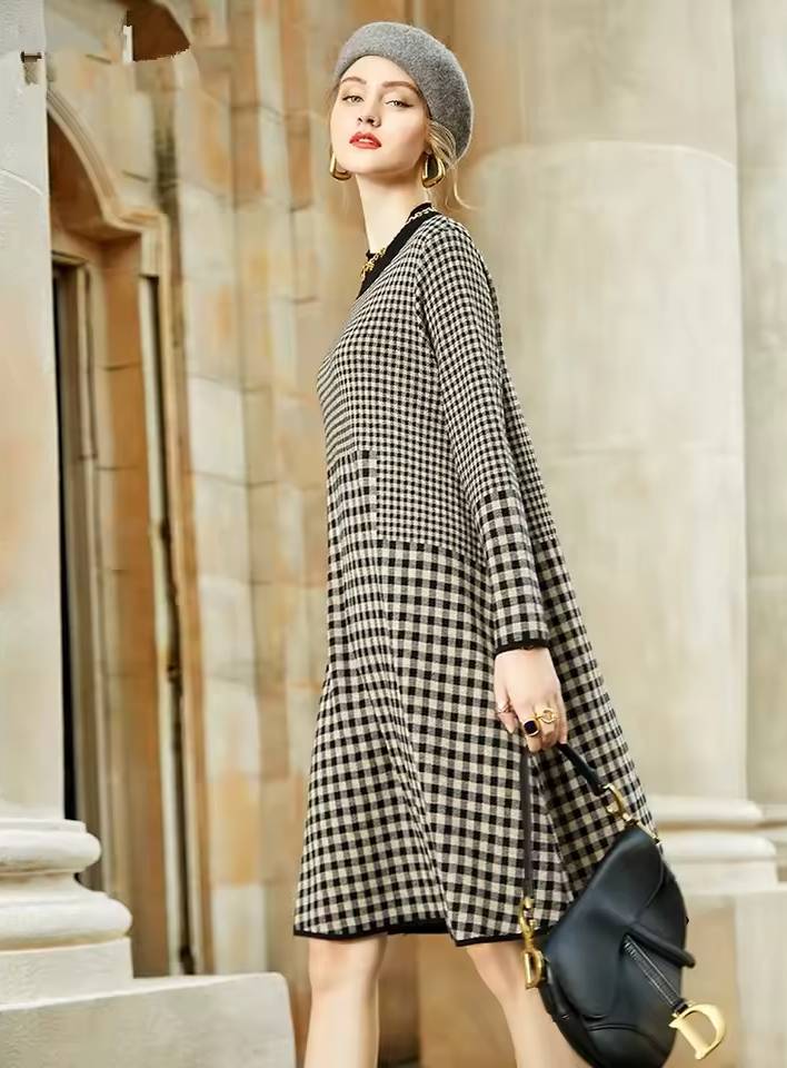 Vintage Geometric Thick Warm Mid-Calf Sweaters Dress