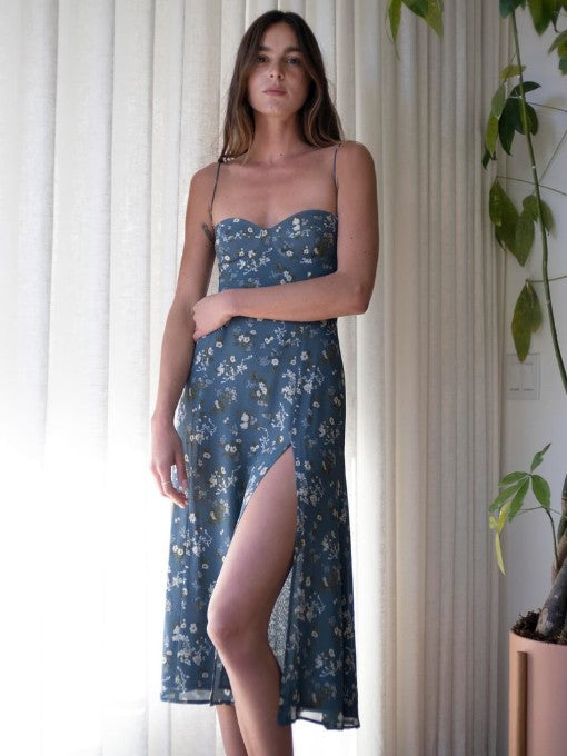 Vintage High Slit Floral Sleeveless Midi Dress