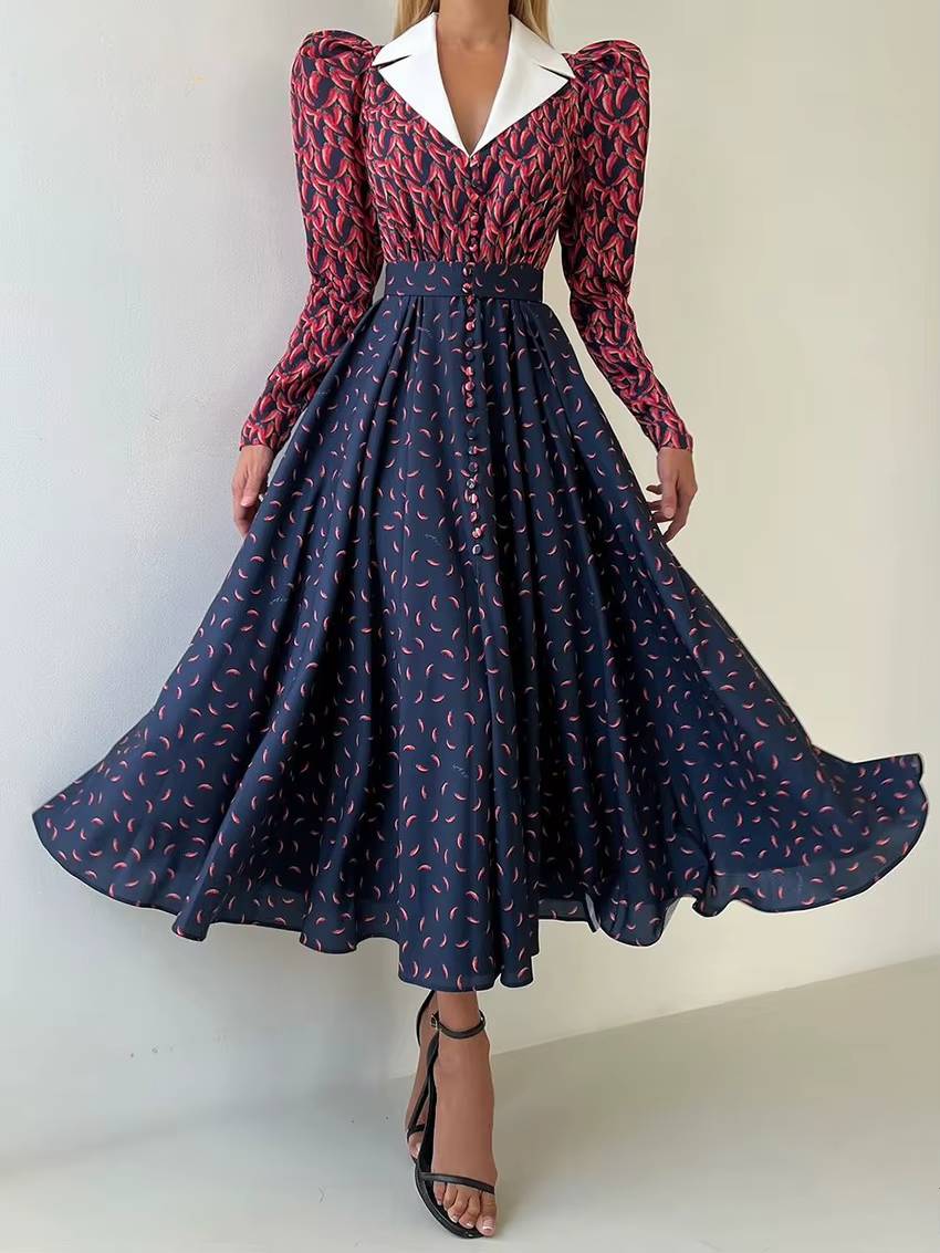 Vintage High Waist Pleated Lapel Long Sleeve Loose Print Maxi Dress