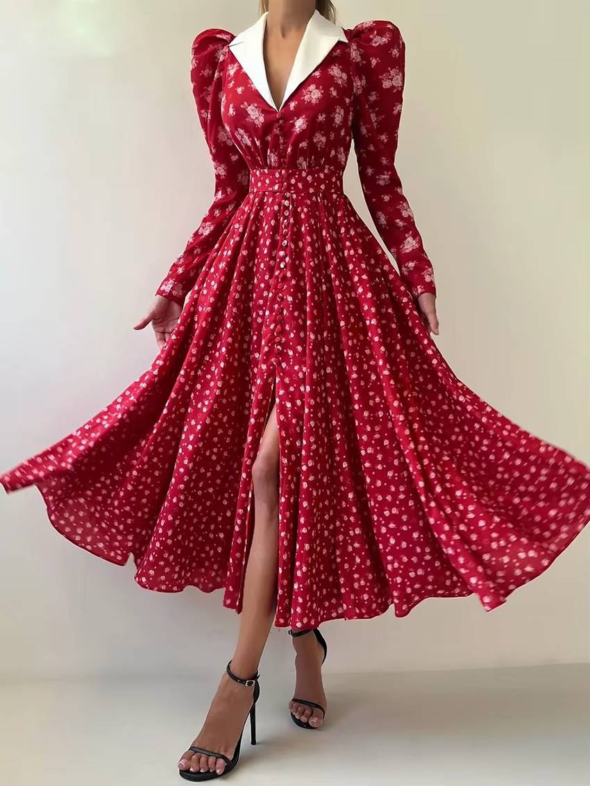 Vintage High Waist Pleated Lapel Long Sleeve Loose Print Maxi Dress