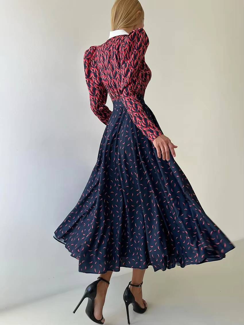 Vintage High Waist Pleated Lapel Long Sleeve Loose Print Maxi Dress