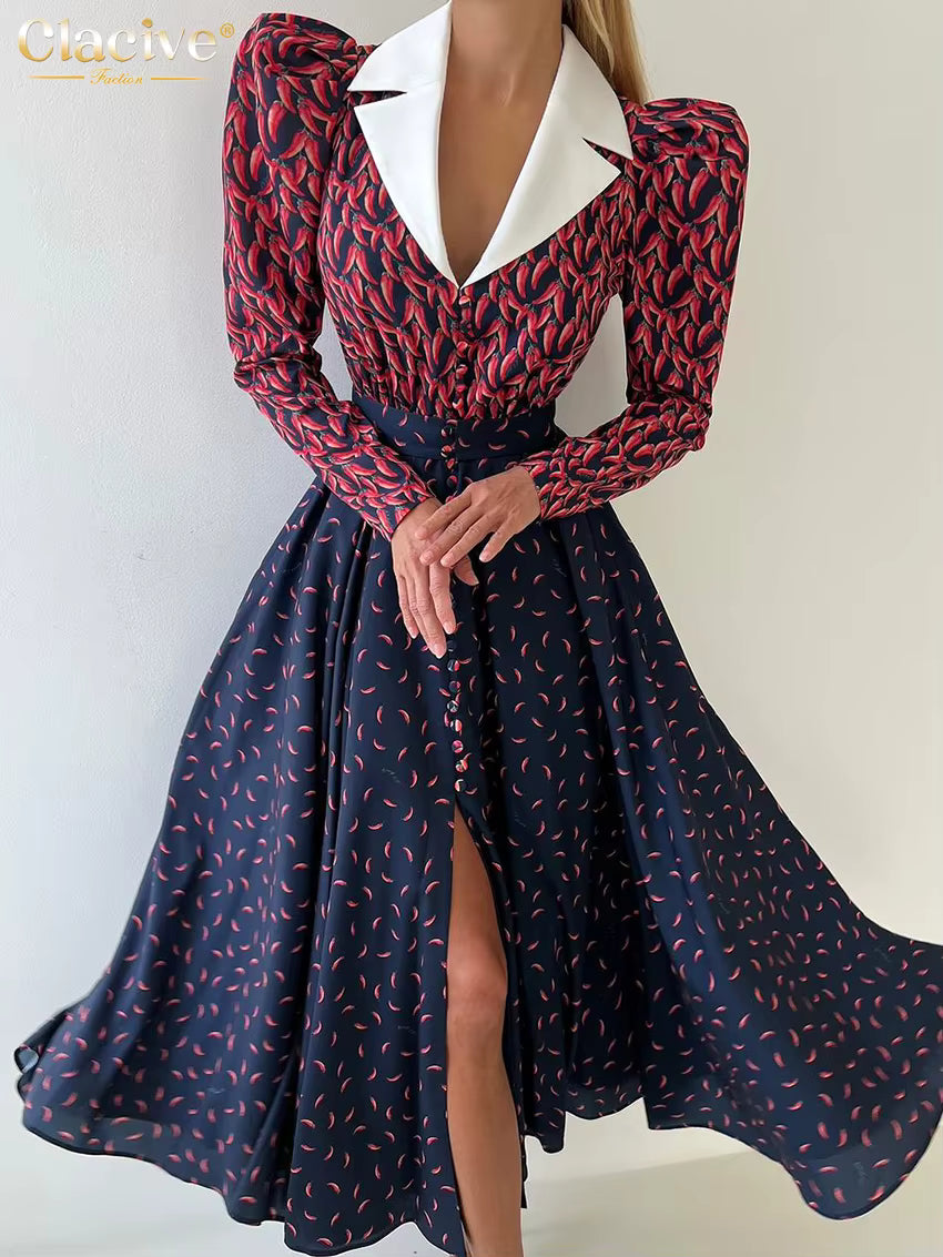 Vintage High Waist Pleated Lapel Long Sleeve Loose Print Maxi Dress