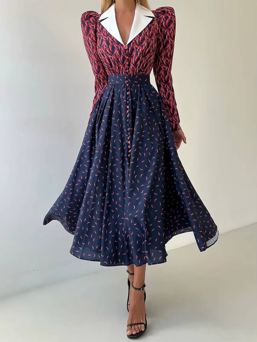 Vintage High Waist Pleated Lapel Long Sleeve Loose Print Maxi Dress