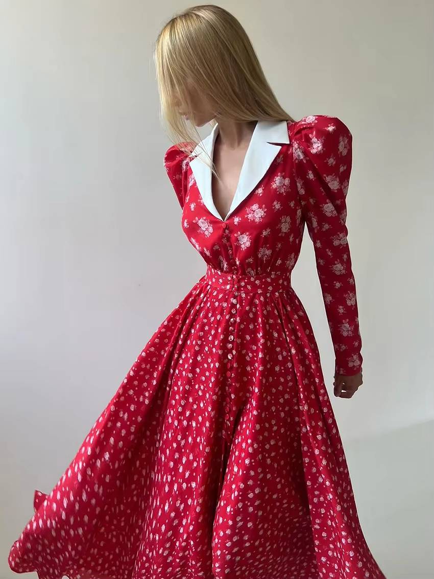 Vintage High Waist Pleated Lapel Long Sleeve Loose Print Maxi Dress