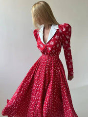Vintage High Waist Pleated Lapel Long Sleeve Loose Print Maxi Dress